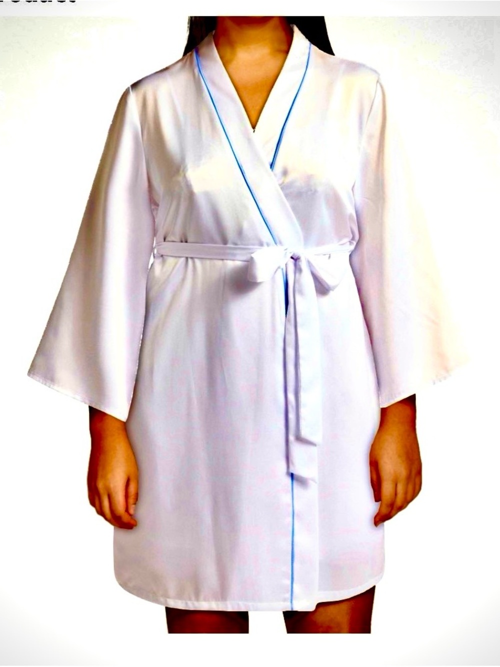 Bridal , Silky White Kimono Robe with Blue Piping , embroidered Bride